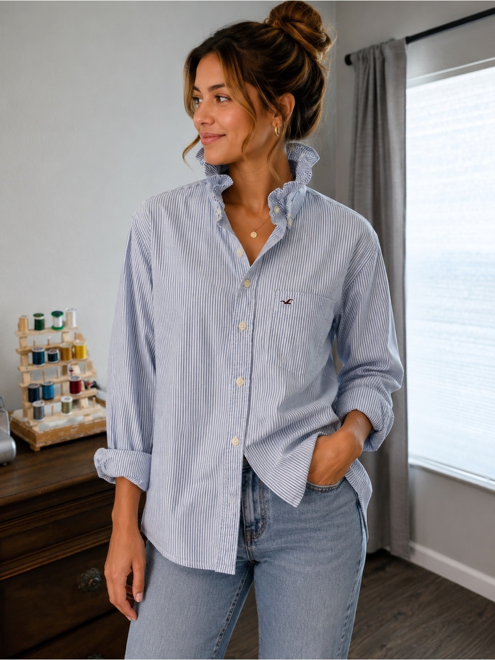 Women's up-cycled Blue and White Striped Ruffle Collar Oxford